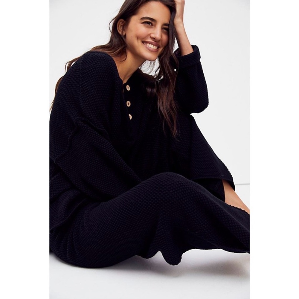 Free People Hailee Black Waffle Knit sweater Set